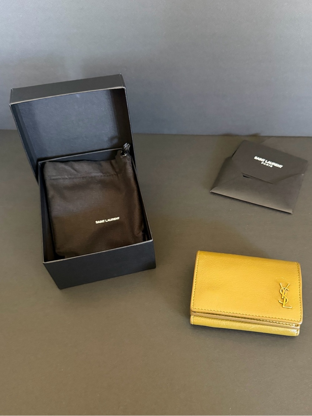 Saint Laurent Paris Tiny Cassandre Tri-Fold Wallet in Olive Green Leather
